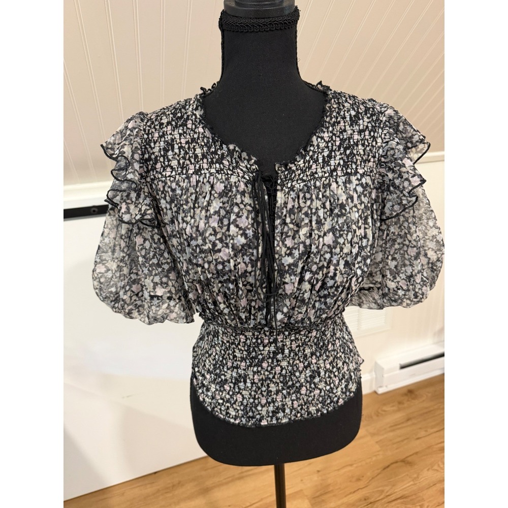 Free People Floral Smocked Mesh Blouse Black Pink Ruffle Sleeve Top Small Petite
